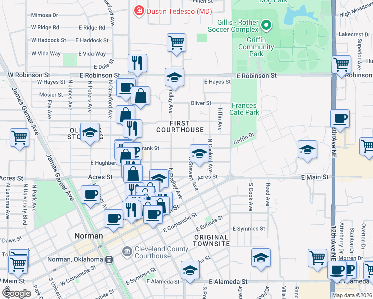 map of restaurants, bars, coffee shops, grocery stores, and more near 417 North Stewart Avenue in Norman