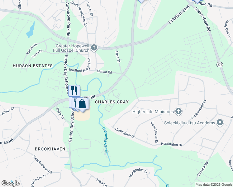 map of restaurants, bars, coffee shops, grocery stores, and more near 2104 Creek Bed Circle in Gastonia