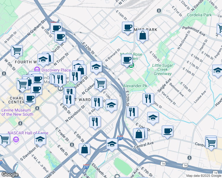 map of restaurants, bars, coffee shops, grocery stores, and more near 613 Garden District Drive in Charlotte