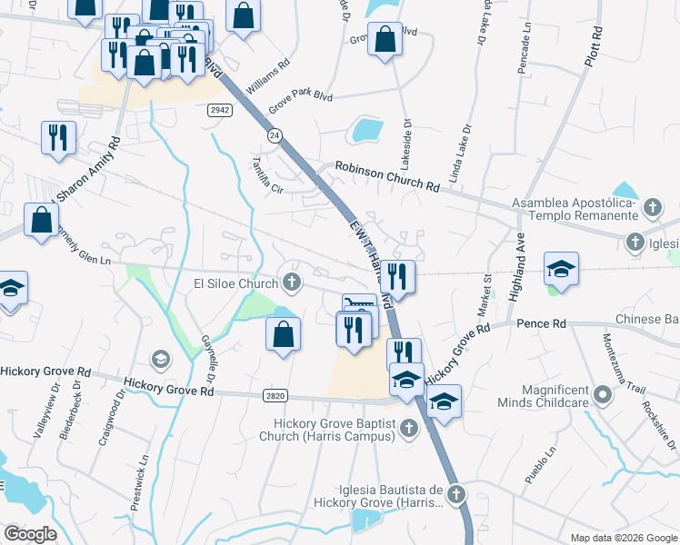 map of restaurants, bars, coffee shops, grocery stores, and more near 5549 Kimmerly Woods Drive in Charlotte