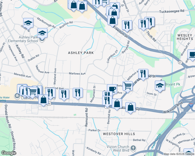 map of restaurants, bars, coffee shops, grocery stores, and more near 2410 Remount Road in Charlotte
