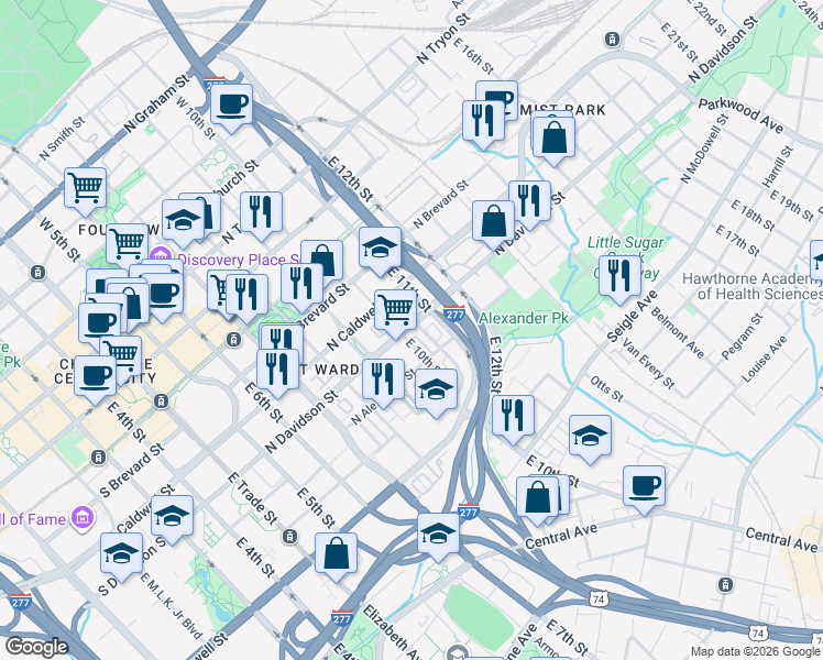map of restaurants, bars, coffee shops, grocery stores, and more near 613 Garden District Drive in Charlotte