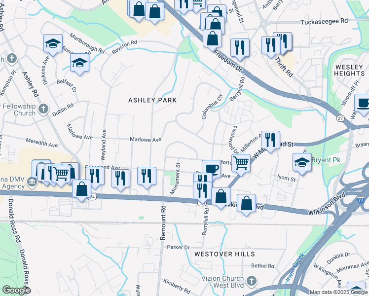 map of restaurants, bars, coffee shops, grocery stores, and more near 2410 Remount Road in Charlotte