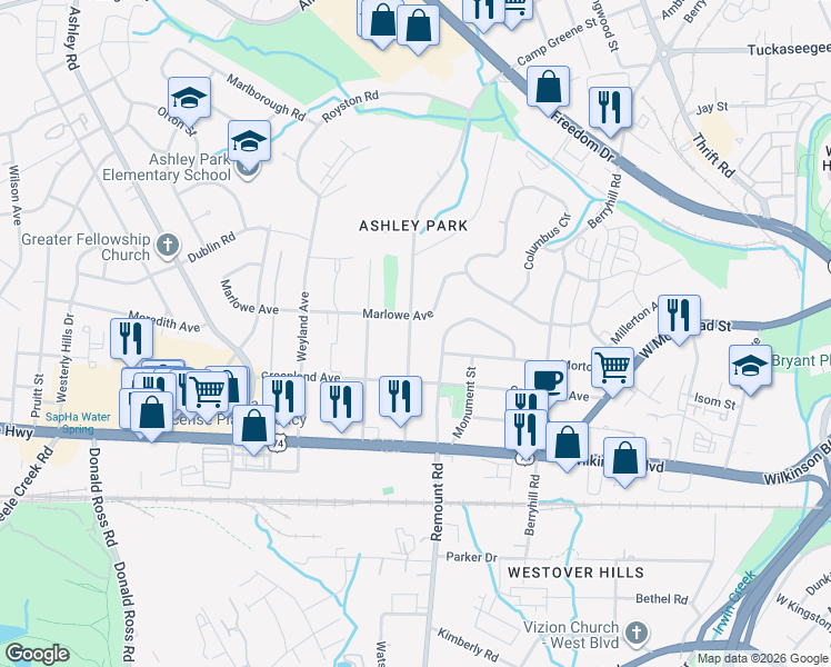 map of restaurants, bars, coffee shops, grocery stores, and more near 2113 Camp Greene Street in Charlotte