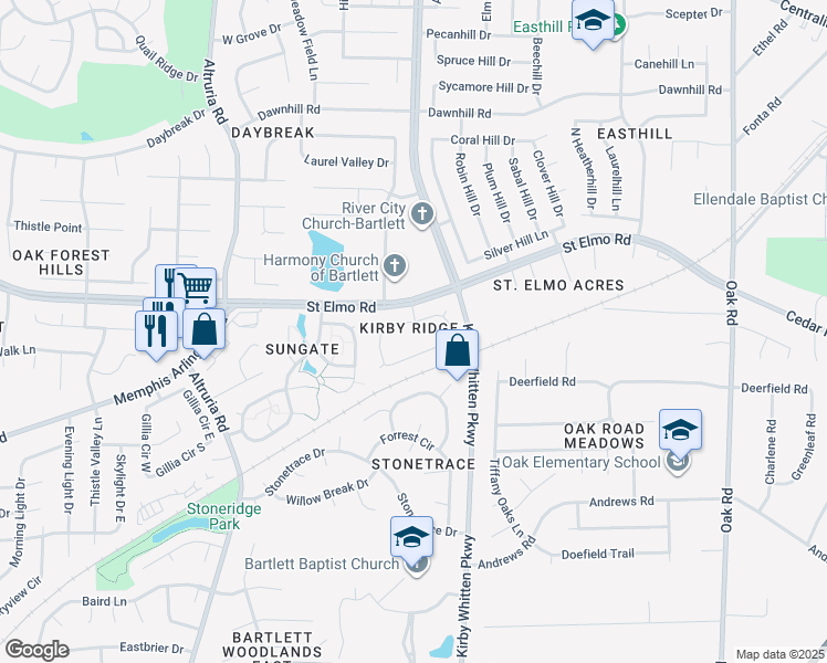 map of restaurants, bars, coffee shops, grocery stores, and more near 6749 Oakmoor Circle North in Bartlett