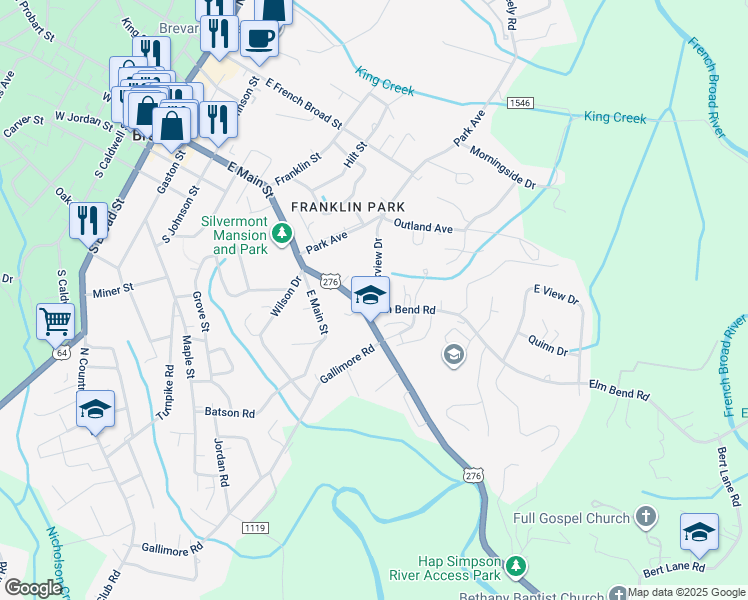 map of restaurants, bars, coffee shops, grocery stores, and more near 34 Parkview Drive in Brevard