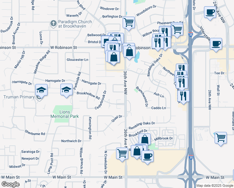 map of restaurants, bars, coffee shops, grocery stores, and more near 3612 Bob White Avenue in Norman