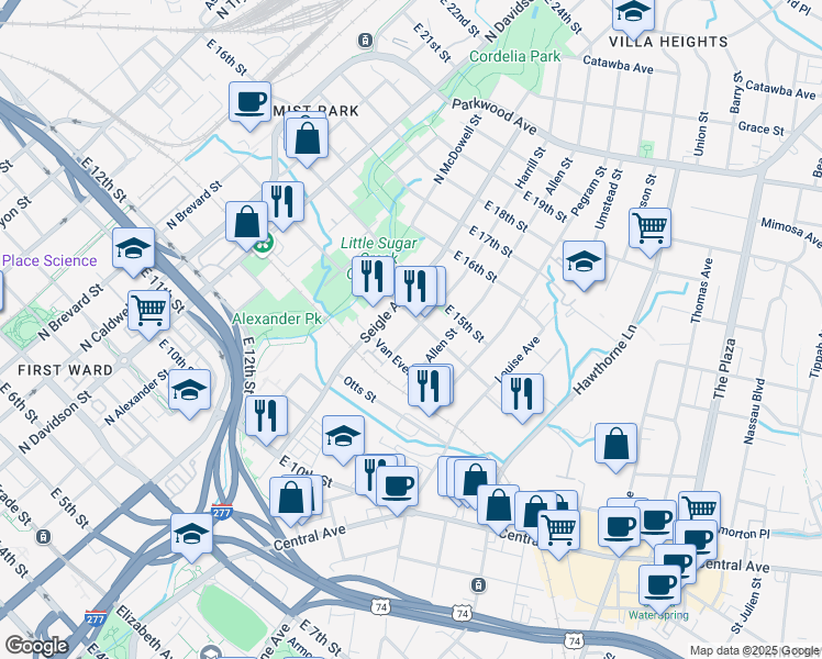 map of restaurants, bars, coffee shops, grocery stores, and more near 1027 Harrill Street in Charlotte