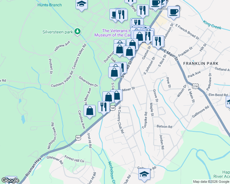 map of restaurants, bars, coffee shops, grocery stores, and more near 520 South Caldwell Street in Brevard