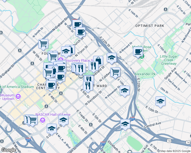 map of restaurants, bars, coffee shops, grocery stores, and more near 508 N Brevard St in Charlotte