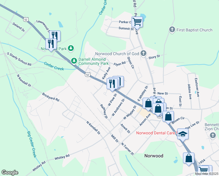 map of restaurants, bars, coffee shops, grocery stores, and more near 431 North Main Street in Norwood