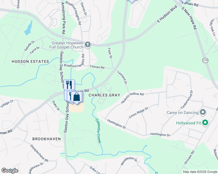 map of restaurants, bars, coffee shops, grocery stores, and more near 2104 Creek Bed Circle in Gastonia