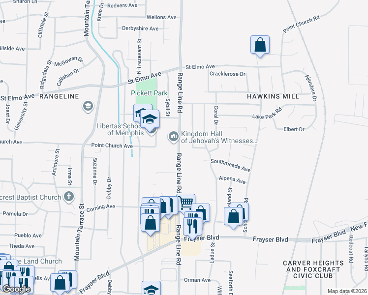 map of restaurants, bars, coffee shops, grocery stores, and more near 3736 Range Line Road in Memphis