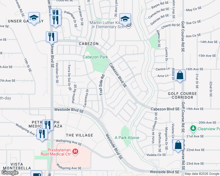 map of restaurants, bars, coffee shops, grocery stores, and more near Corvara Drive Southeast in Rio Rancho