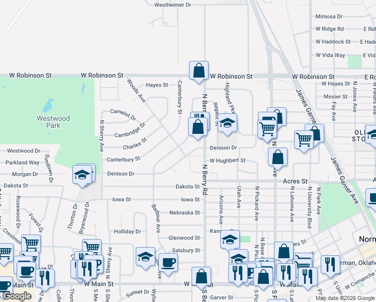 map of restaurants, bars, coffee shops, grocery stores, and more near 726 Woods Avenue in Norman