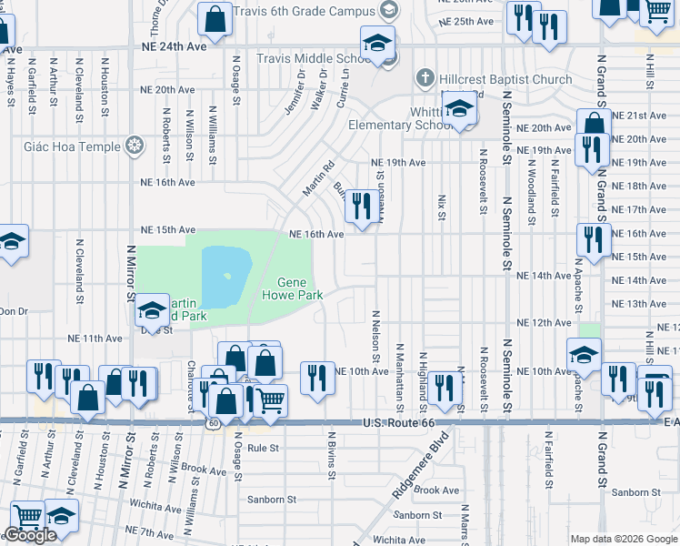 map of restaurants, bars, coffee shops, grocery stores, and more near 1404 North Arapahoe Street in Amarillo