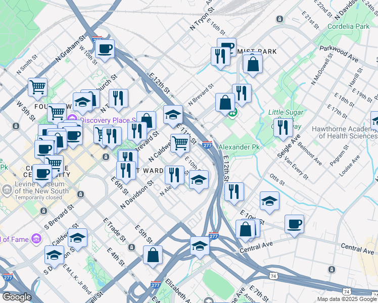 map of restaurants, bars, coffee shops, grocery stores, and more near in Charlotte