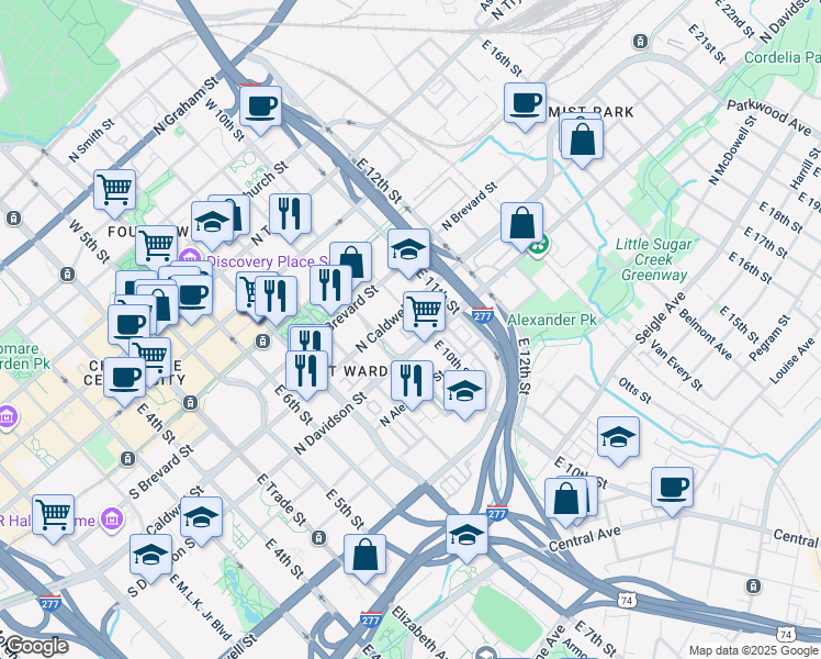 map of restaurants, bars, coffee shops, grocery stores, and more near 619 North Davidson Street in Charlotte