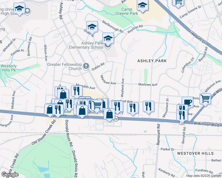map of restaurants, bars, coffee shops, grocery stores, and more near in Charlotte