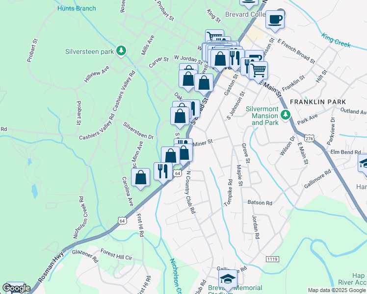 map of restaurants, bars, coffee shops, grocery stores, and more near 520 South Caldwell Street in Brevard