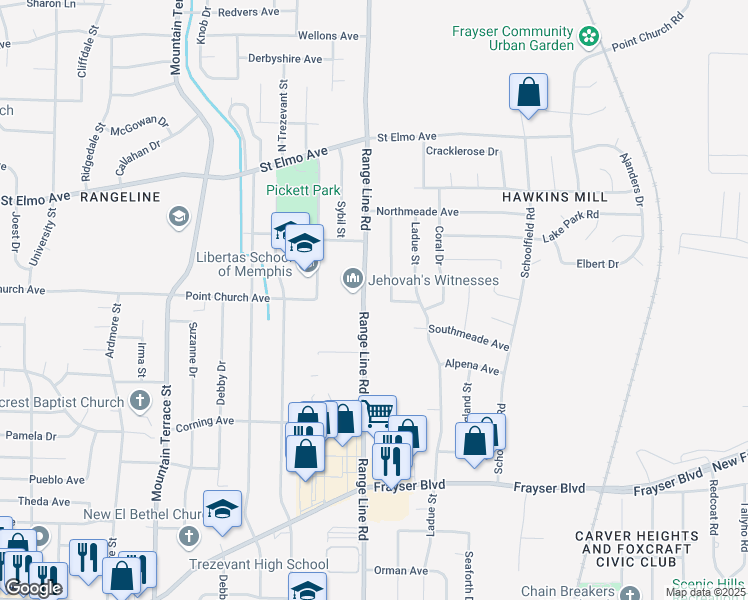 map of restaurants, bars, coffee shops, grocery stores, and more near 2671 Coral Drive in Memphis