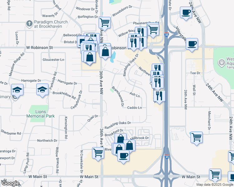 map of restaurants, bars, coffee shops, grocery stores, and more near 800 Branchwood Drive in Norman