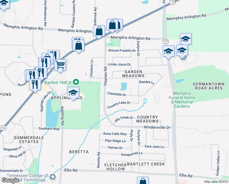 map of restaurants, bars, coffee shops, grocery stores, and more near 7880 Claredale Drive in Bartlett