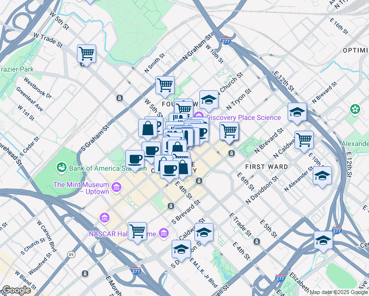 map of restaurants, bars, coffee shops, grocery stores, and more near 100 North Tryon Street in Charlotte