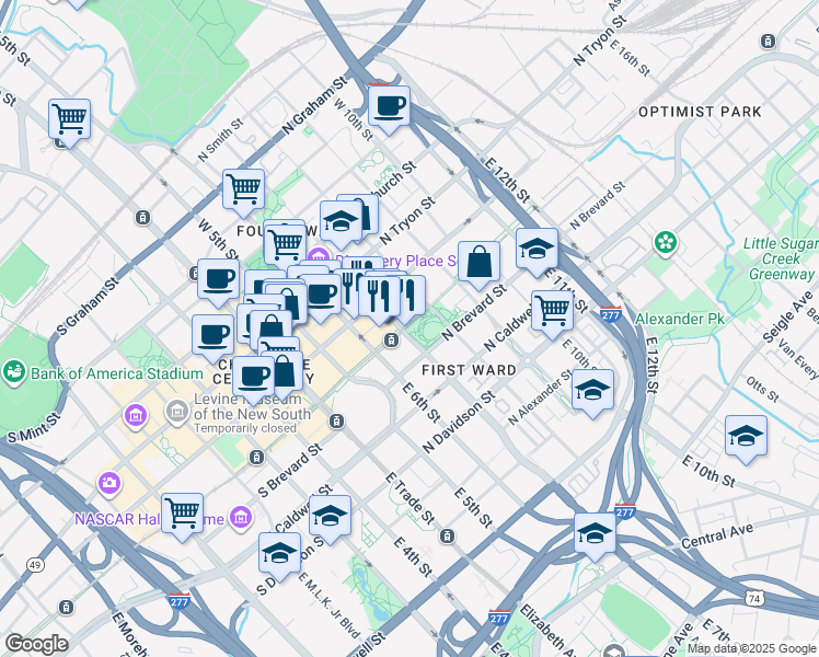 map of restaurants, bars, coffee shops, grocery stores, and more near 224 East 7th Street in Charlotte