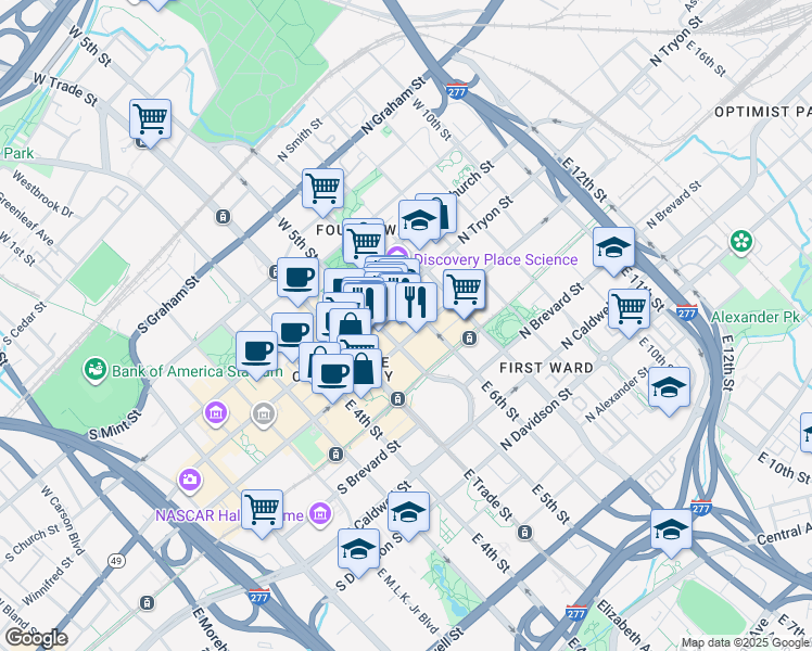 map of restaurants, bars, coffee shops, grocery stores, and more near 214 North Tryon Street in Charlotte