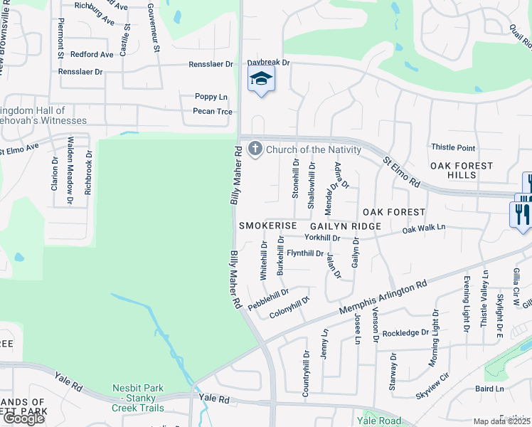map of restaurants, bars, coffee shops, grocery stores, and more near 5996 Lawnhill Drive in Memphis