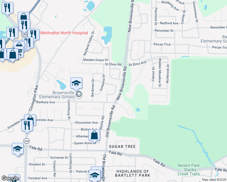 map of restaurants, bars, coffee shops, grocery stores, and more near 3734 Rippling Creek Lane in Memphis