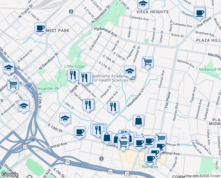 map of restaurants, bars, coffee shops, grocery stores, and more near 1233 Louise Avenue in Charlotte