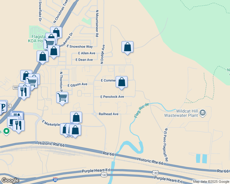 map of restaurants, bars, coffee shops, grocery stores, and more near 5488 East Penstock Avenue in Flagstaff