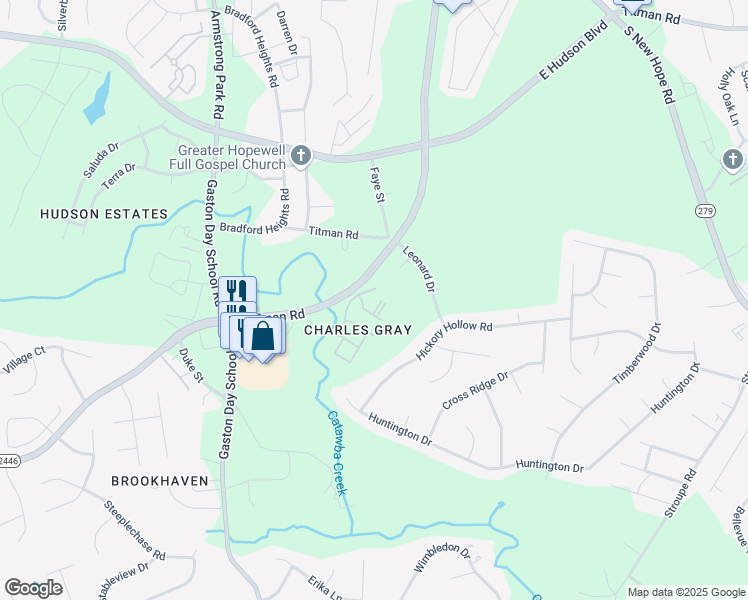 map of restaurants, bars, coffee shops, grocery stores, and more near 2093 Hoffman Road in Gastonia