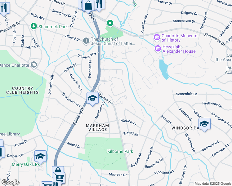 map of restaurants, bars, coffee shops, grocery stores, and more near 3321 Magnolia Hill Drive in Charlotte