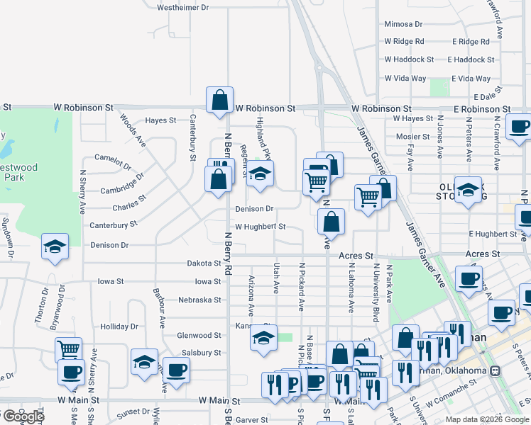 map of restaurants, bars, coffee shops, grocery stores, and more near 807 West Hughbert Street in Norman