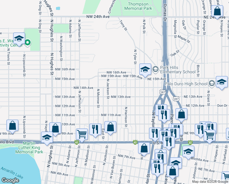 map of restaurants, bars, coffee shops, grocery stores, and more near 1301 North Van Buren Street in Amarillo