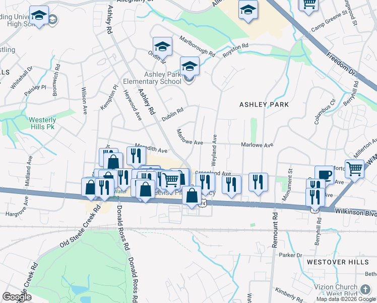 map of restaurants, bars, coffee shops, grocery stores, and more near in Charlotte