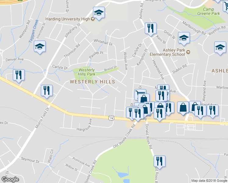 map of restaurants, bars, coffee shops, grocery stores, and more near 3603 Simmons Street in Charlotte