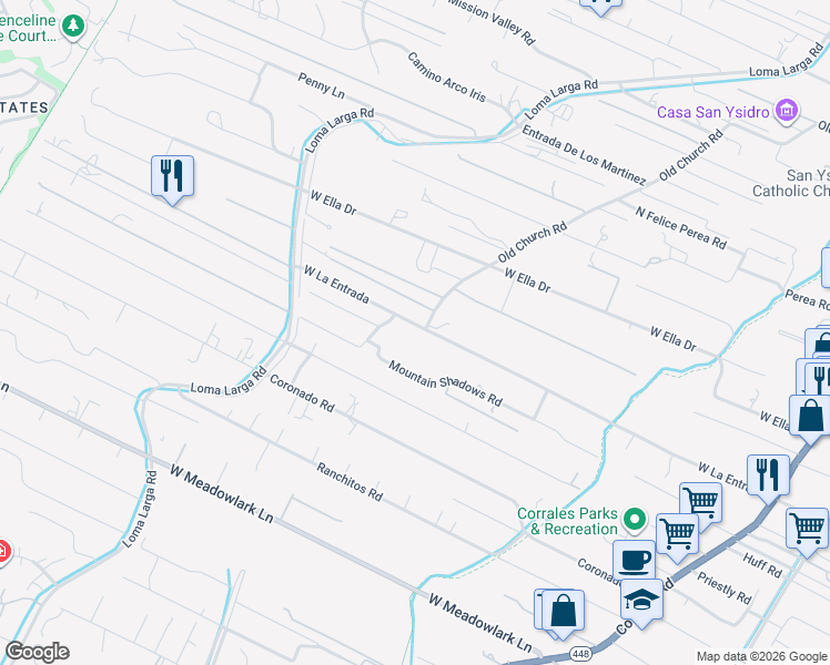 map of restaurants, bars, coffee shops, grocery stores, and more near 847 West La Entrada in Corrales