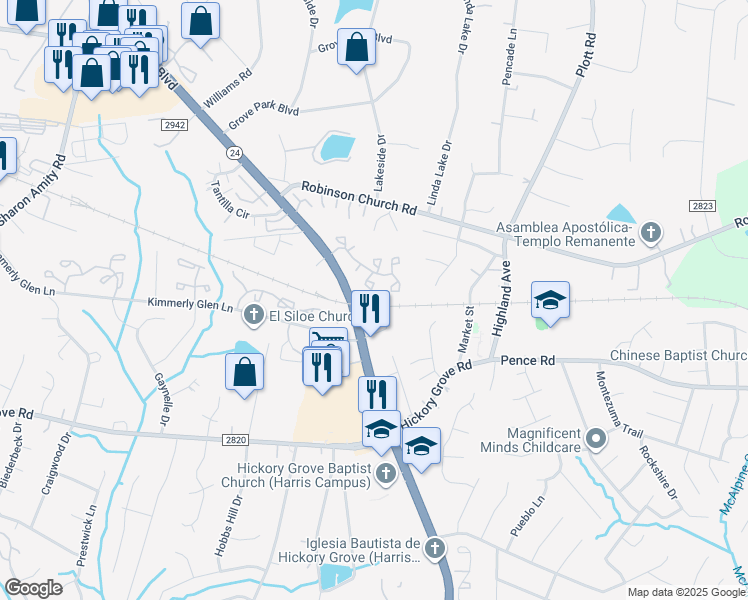 map of restaurants, bars, coffee shops, grocery stores, and more near 6300 Windsor Gate Lane in Charlotte