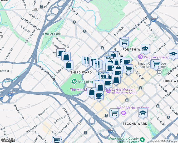 map of restaurants, bars, coffee shops, grocery stores, and more near 401 North Carolina 49 in Charlotte