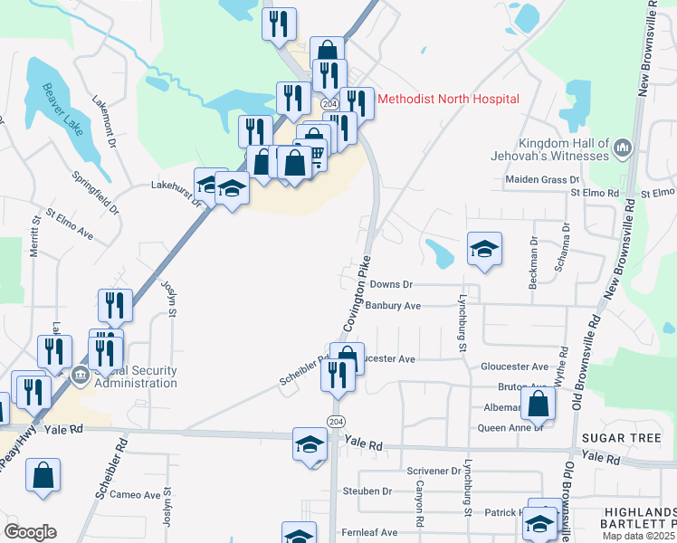 map of restaurants, bars, coffee shops, grocery stores, and more near 5109 Wyndance Drive in Memphis
