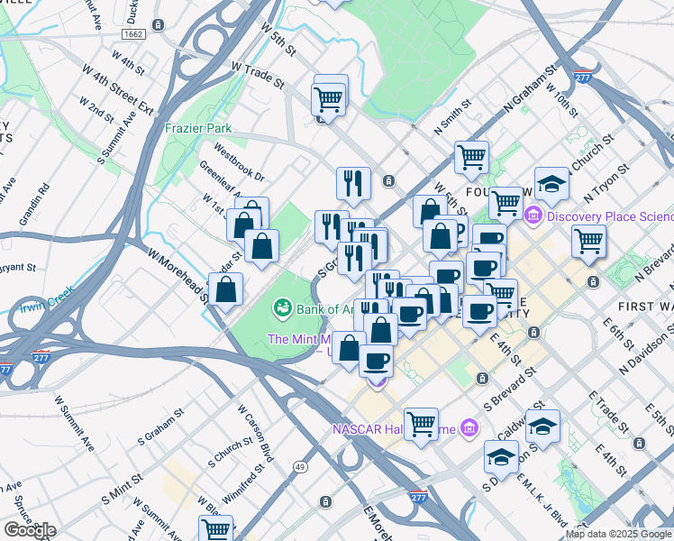 map of restaurants, bars, coffee shops, grocery stores, and more near 401 South Graham Street in Charlotte