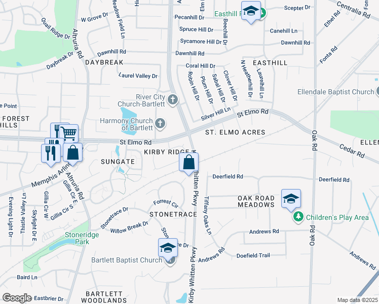 map of restaurants, bars, coffee shops, grocery stores, and more near 3734 Oakmoor Circle East in Bartlett