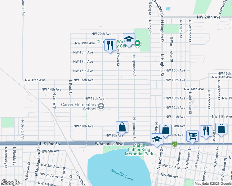 map of restaurants, bars, coffee shops, grocery stores, and more near 1300-1398 North Travis Street in Amarillo