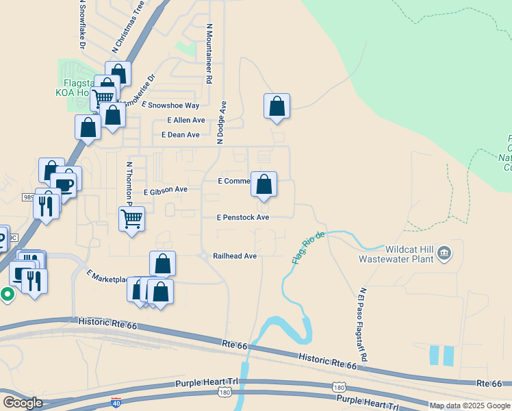 map of restaurants, bars, coffee shops, grocery stores, and more near 5488 East Penstock Avenue in Flagstaff