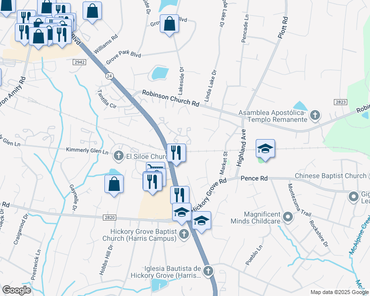 map of restaurants, bars, coffee shops, grocery stores, and more near 6300 Windsor Gate Lane in Charlotte