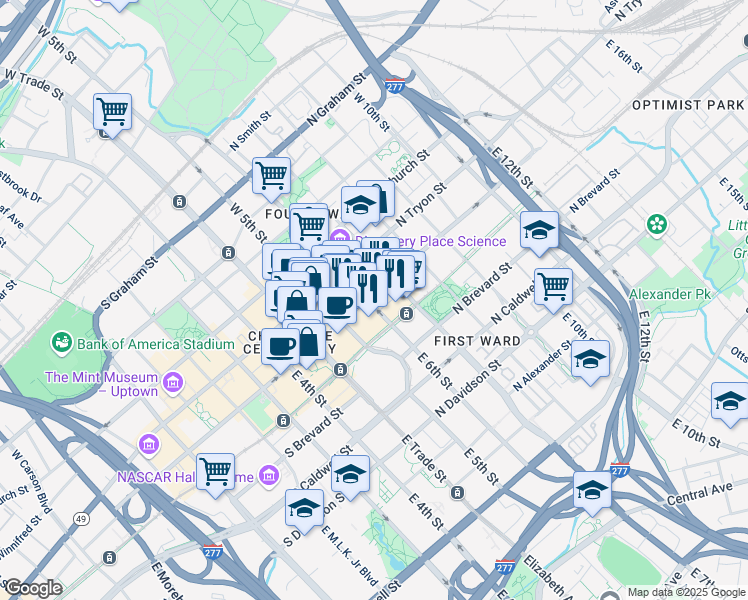map of restaurants, bars, coffee shops, grocery stores, and more near 300 North College Street in Charlotte